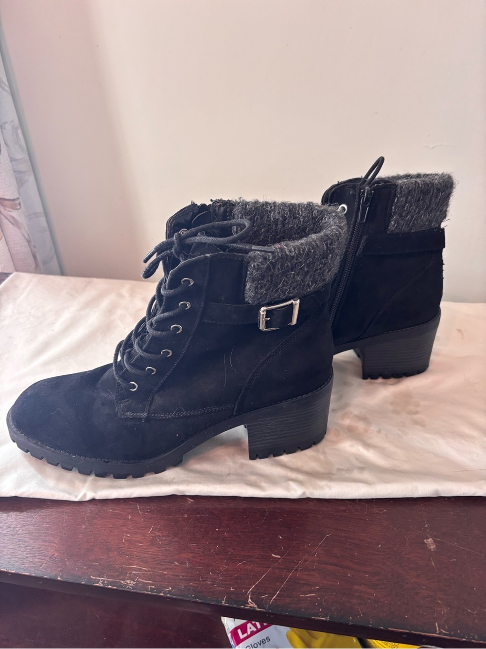 Bella Vita Black Lace-Up Ankle Boots with Gray fabric cuff from Nordstroms